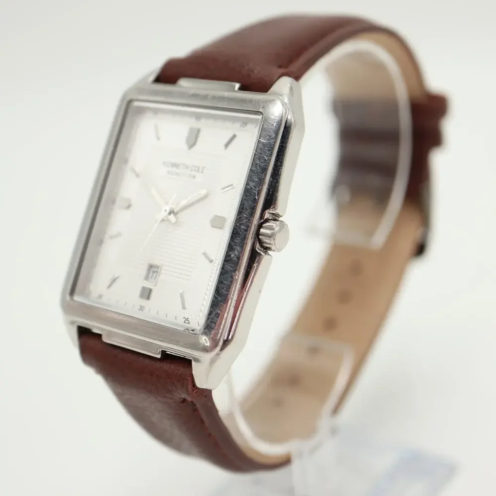Kenneth Cole Mens Silver Tone 33mm Tank Watch Brown Faux Leather w New Battery
